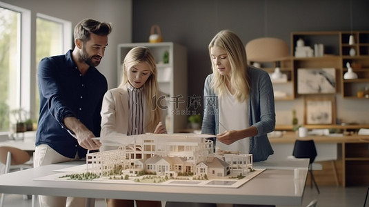 专业女性房地产经纪人和室内设计师向可爱的白人夫妇展示梦想之家的 3D 模型