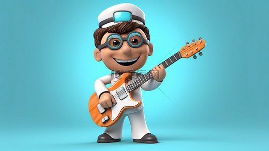 异想天开的医生在 3d 中弹奏吉他