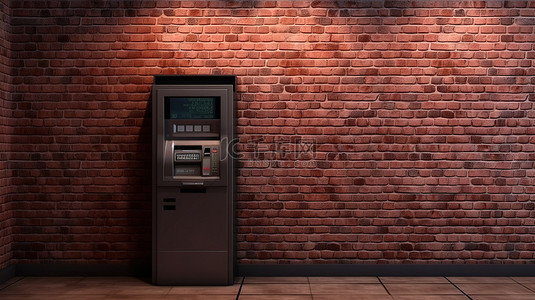 银行柜员背景图片_3d 渲染 ATM 机与位于银行砖墙前的自动提款机
