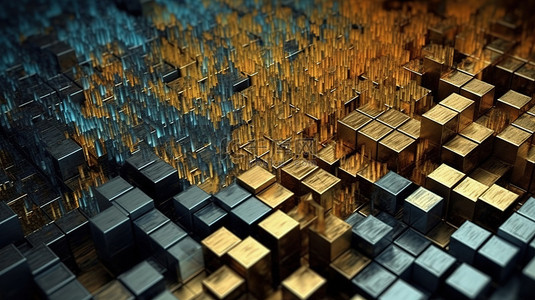 带有方形颗粒的 3D 金属商业图表的鸟瞰图