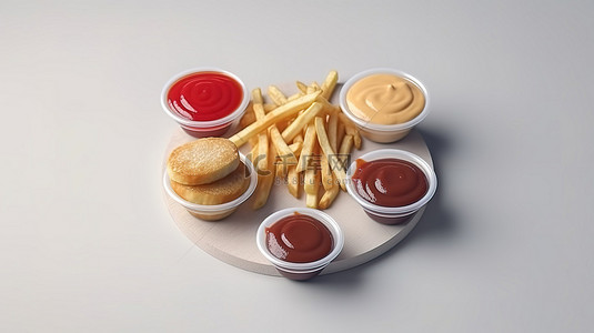 马苏里拉芝士碎背景图片_经典快餐的顶视图 3d 渲染，包括汉堡薯条饮料和调味品