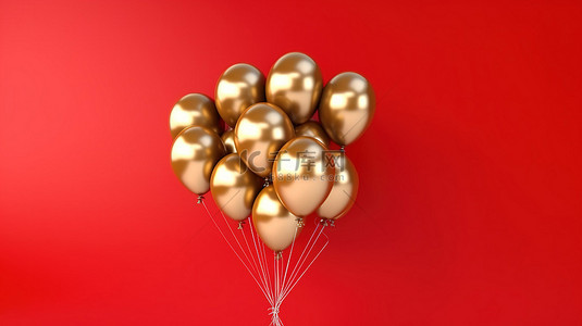 红墙背景与一堆金色气球的 3D 渲染