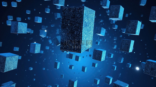 悬浮在外星环境中的蓝色立方体 3d 渲染
