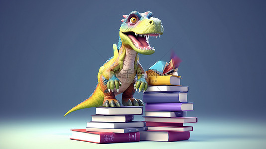 色彩缤纷的书籍为滑稽的 3D Trex 增添了乐趣