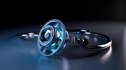 用蓝色听诊器远程医疗概念的 3D 渲染