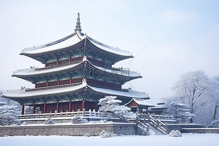 冬天古建筑背景图片_清晨的首尔宝塔