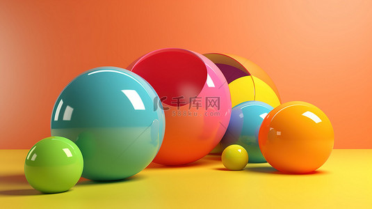 带有圆形横幅的彩色 3D 球，非常适合设计元素和文本放置