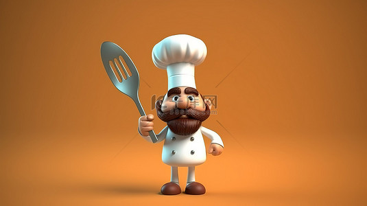 卡通风格3D厨师挥舞超大叉子