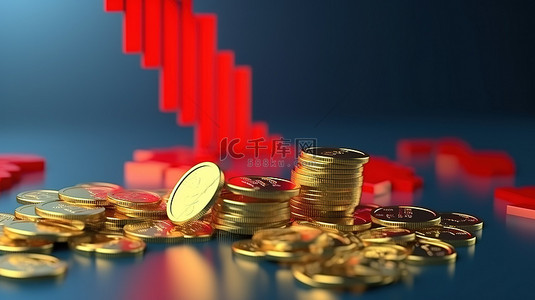 蓝色背景的 3D 渲染，金币和红色箭头向下描绘全球金融危机概念