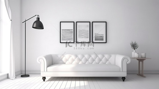 家居家居背景背景图片_带可转换沙发和时尚白灯 3d 渲染的现代休息室