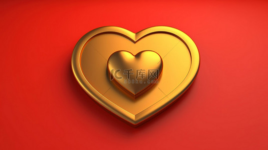 金心背景图片_红色哑光板上的金心徽章社交媒体的 3D 渲染图标