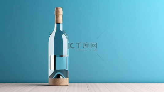 广告概念的 3D 渲染与空白酒瓶和蓝色背景上的模型