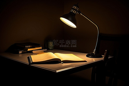 黑暗房间里小桌子上的一盏灯，旁边放着一本书