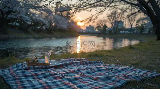 樱花背景素材背景图片_樱花季节河l边野餐背景素材