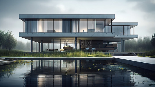 现代豪华住宅，配有混凝土车道和草地庭院，俯瞰大海 3D 渲染