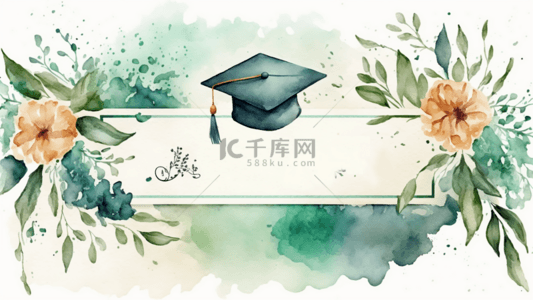 卡通博士背景图片_毕业水彩绿色博士帽花花边框背景