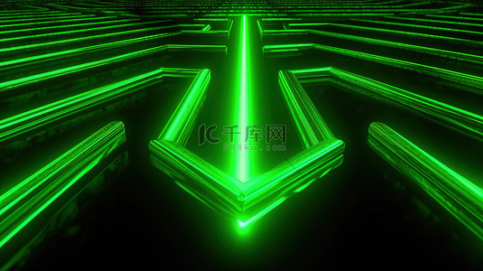 指示方向背景图片_指示路径选择的霓虹灯绿色箭头的 3D 渲染抽象插图