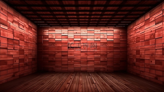 木板地板墙背景图片_带联锁红色面板的木质天花板墙 3D 渲染设计纹理