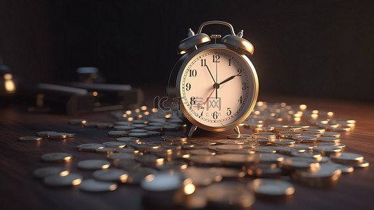 时间背景图片_截止日期提醒 3D 渲染闹钟与硬币和省钱概念