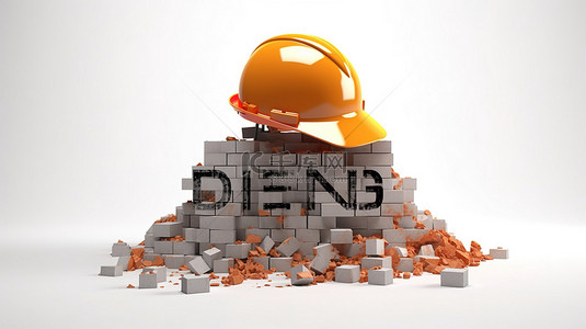 3d 渲染砖块上的橙色头盔，白色背景上带有“正在建设中”的文字