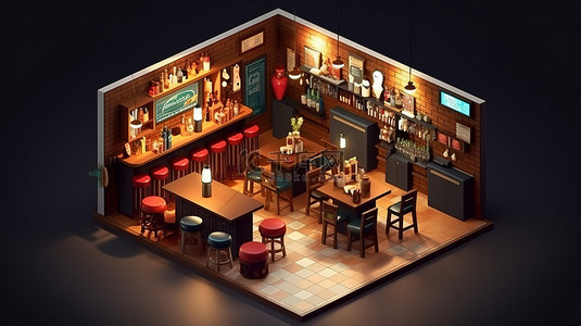等距酒吧室内设计概念的 3D 插图