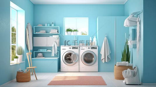 明亮洗衣房的 3D 插图，配有蓝墙自动洗衣机毛巾堆和大窗户
