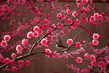 树枝上有粉红色的花朵，周围有一只鸟