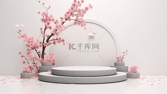 日式花卉背景图片_日式石讲台的 3D 渲染，白色背景上有樱花