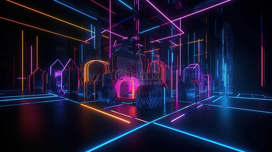 科幻城市背景图片_具有霓虹灯照明抽象空间背景的未来派 3D 结构