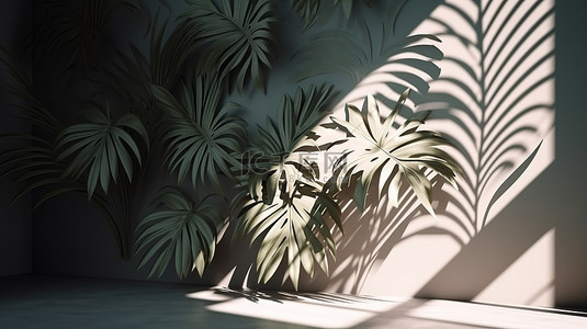 抽象热带背景图片_3d 渲染抽象墙与棕榈叶阴影
