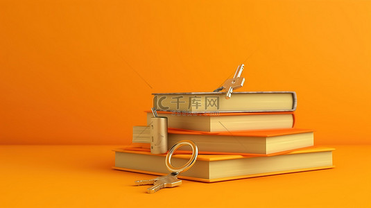 知识学习背景图片_解锁知识 3D 书籍和充满活力的橙色背景上的钥匙