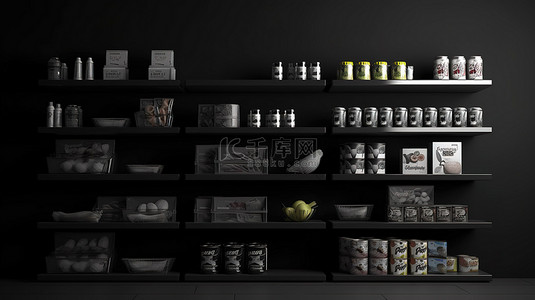 黑色背景超市货架展示 3D 渲染产品