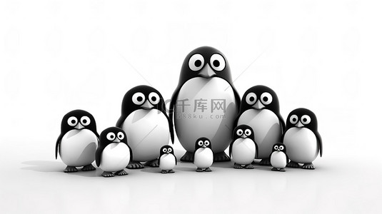 3D 渲染的一套可爱的黑白卡通企鹅玩具在干净的白色背景下