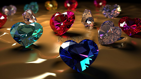 浪礼物背景图片_卡通心形钻石和星星以 3D 渲染形式