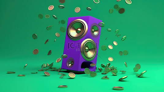 销售蓝色背景图片_创新的 3D 绿色扬声器，在充满活力的紫色背景上带有飞行硬币