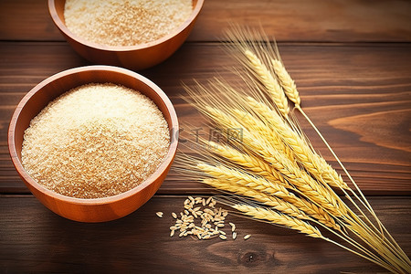 东北大米袋背景图片_桌上木碗里的小麦和大米
