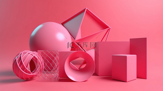 海报圆圈背景图片_带有充满活力的粉红色背景的 3D 几何形状集合