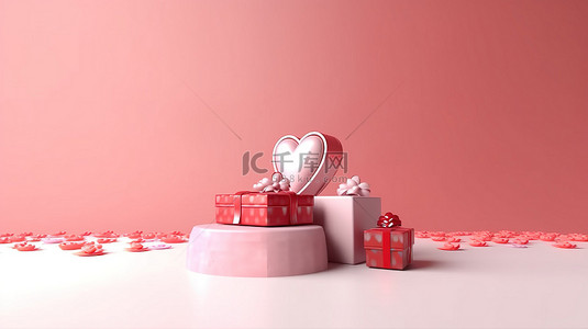 情人主题背景图片_情人节主题礼品盒，在 3D 渲染插图中装饰着心形