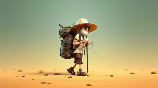 徒步旅行者背景图片_一个幽默的徒步旅行者用登山杖的 3d 插图