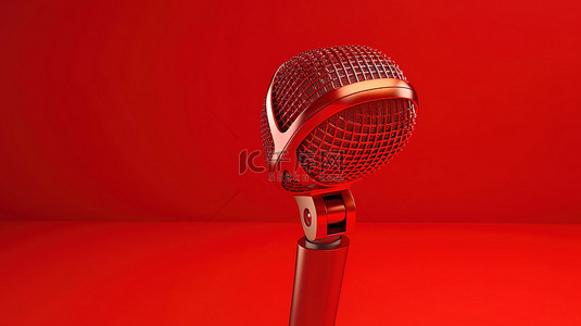 声音红色背景图片_带有隔离麦克风 3D 渲染的红色背景扬声器概念