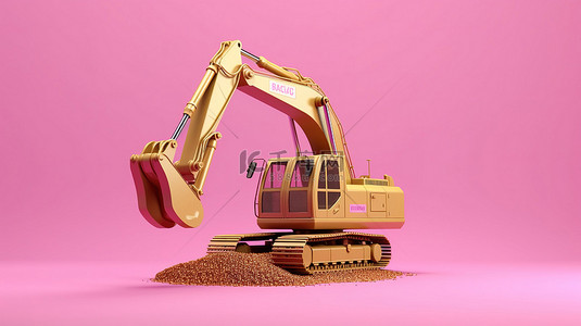 施工工地背景背景图片_玫瑰色背景上粉色和金色挖掘机的 3D 渲染