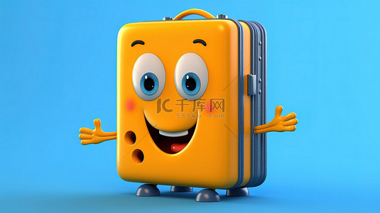 黄色旅行箱背景图片_3D 渲染的蓝皮书人物吉祥物，带有橙色旅行箱，背景为鲜艳的黄色