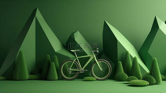 绿色背景 3D 渲染上具有抽象几何形状装饰的山地自行车运动概念