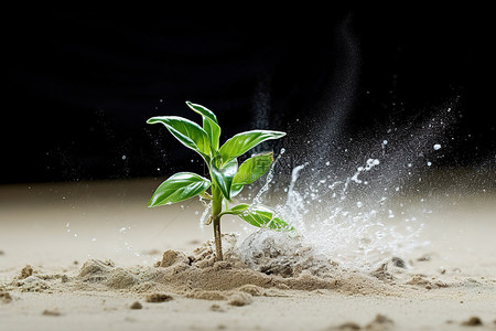 站在沙子里的绿色植物，上面有水
