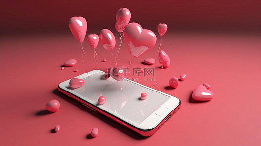 情人节概念 3D 渲染智能手机聊天中的爱情消息