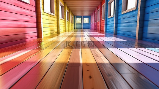 从独特的角度对彩色木屋地板进行 3D 渲染