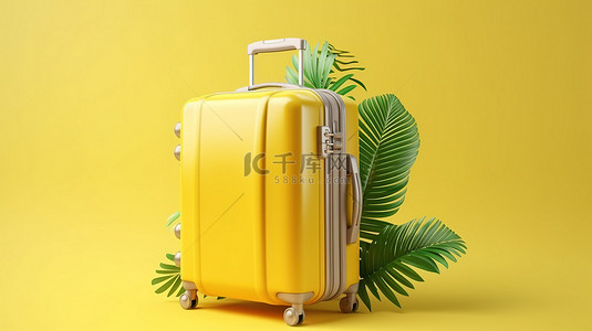 装饰着热带棕榈树叶的黄色旅行行李的三维渲染