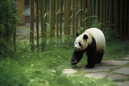 情书熊猫背景图片_熊猫在竹子附近行走