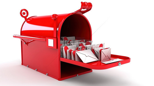 白色背景上用字母打开的红色邮箱的 3d 渲染