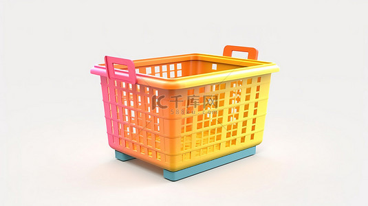 充满活力的购物篮，采用简约设计，以白色背景的 3D 插图呈现